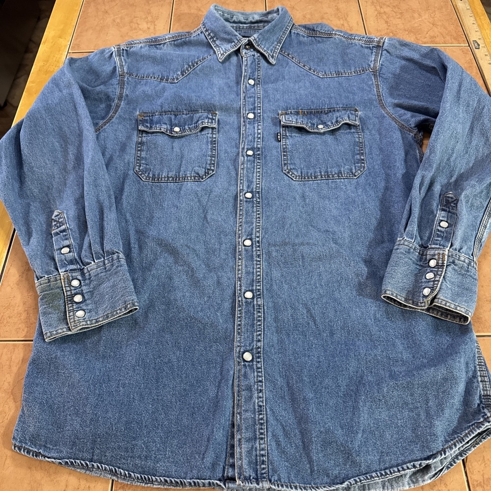 VINTAGE Key Shirt Mens Sz Large Tall Blue Pearl Snap Denim Western Cowboy Rodeo